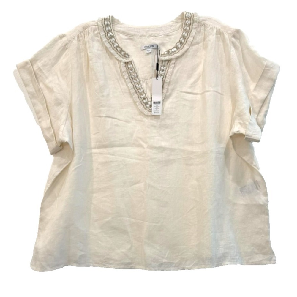 NWT‎ Chico's Sz 4 / 20 Ecru 100% Linen Cap Sleeve Embellished Collar Tunic